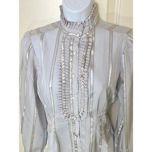 Vtg 70s 80s Romantic Ruffled Secretary Blouse Doo-Dads Gray Metallic Women's M